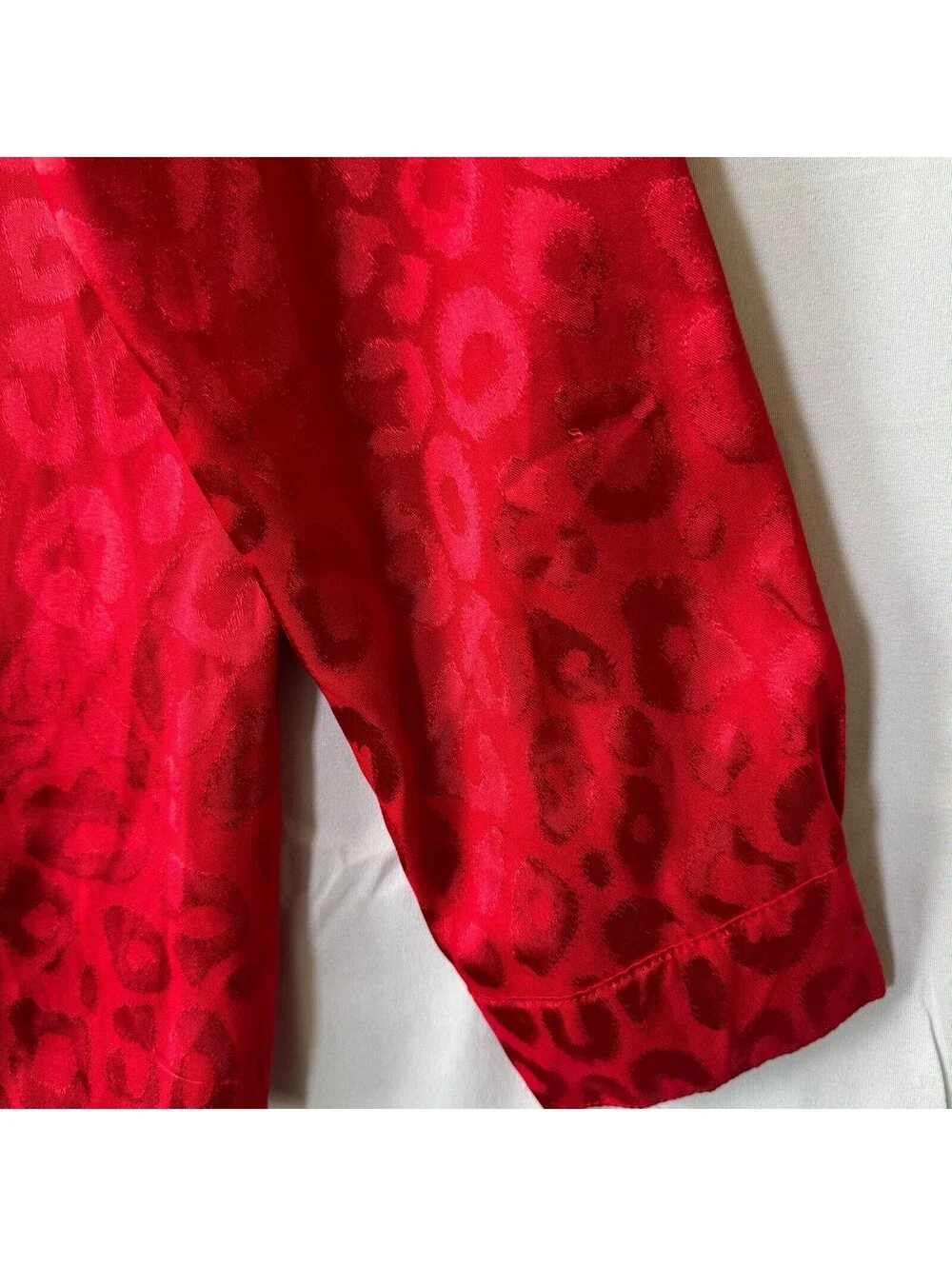 Pajama Top M Red Leopard Jacquard Satin Button Up Blouse Shirt